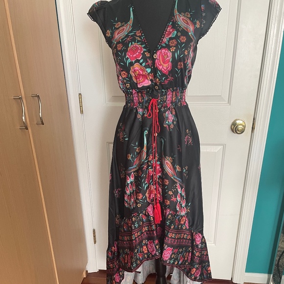 V-neck High-low Peacock and Rose Drawstring Boho Dress Size L - Picture 9 of 12